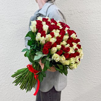 101 красная и белая роза 70 см